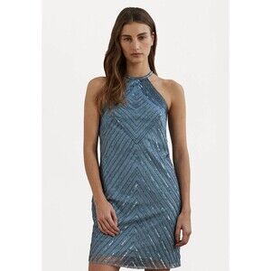 Lauren Ralph Lauren Women's Beaded Mesh Halter PartyCocktail Dress Light Blue 10